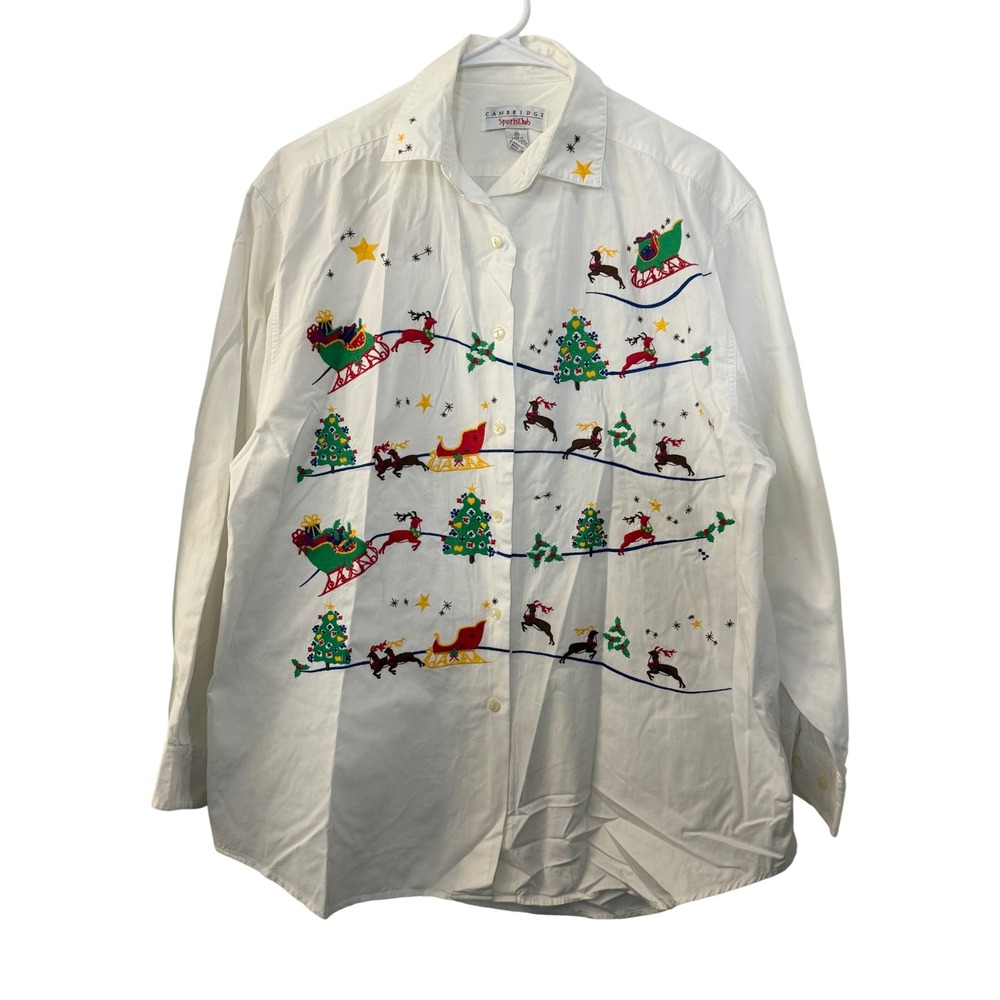 Cambridge Sports Club Christmas Reindeer Sleigh Embroidered Cotton Shirt Medium
